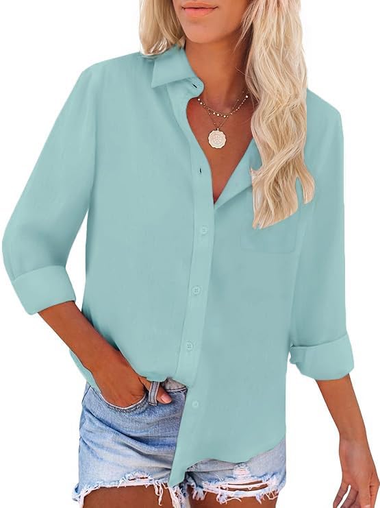 5159M0fM7L._AC_.jpg Womens Button Down Shirts Long Sleeve Wrinkle Free Work Office Button Up Dress Shirt with Pocket - 图片 1