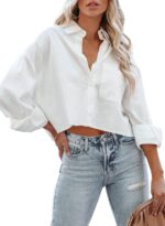 Womens Button Down Cropped Shirts Long Sleeve Casual Crop Tops Solid Lapel Blouse Shirt with Chest Pocket - 图片 2