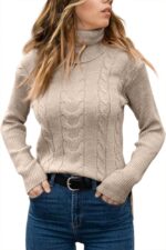 Womens' Turtleneck Long Sleeve Cable Knit Sweaters - 图片 2