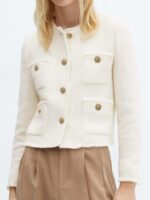Womens Cropped Tweed Blazer Collarless Casual Business Suit Jacket Fall Elegant Outerwear - 图片 2