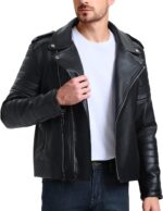 Men's Leather Jackets, Faux Bomber Jacket for Men Motorcycle Lapel Asymmetric Zip-Up Slim Fit Biker Coat - 图片 2