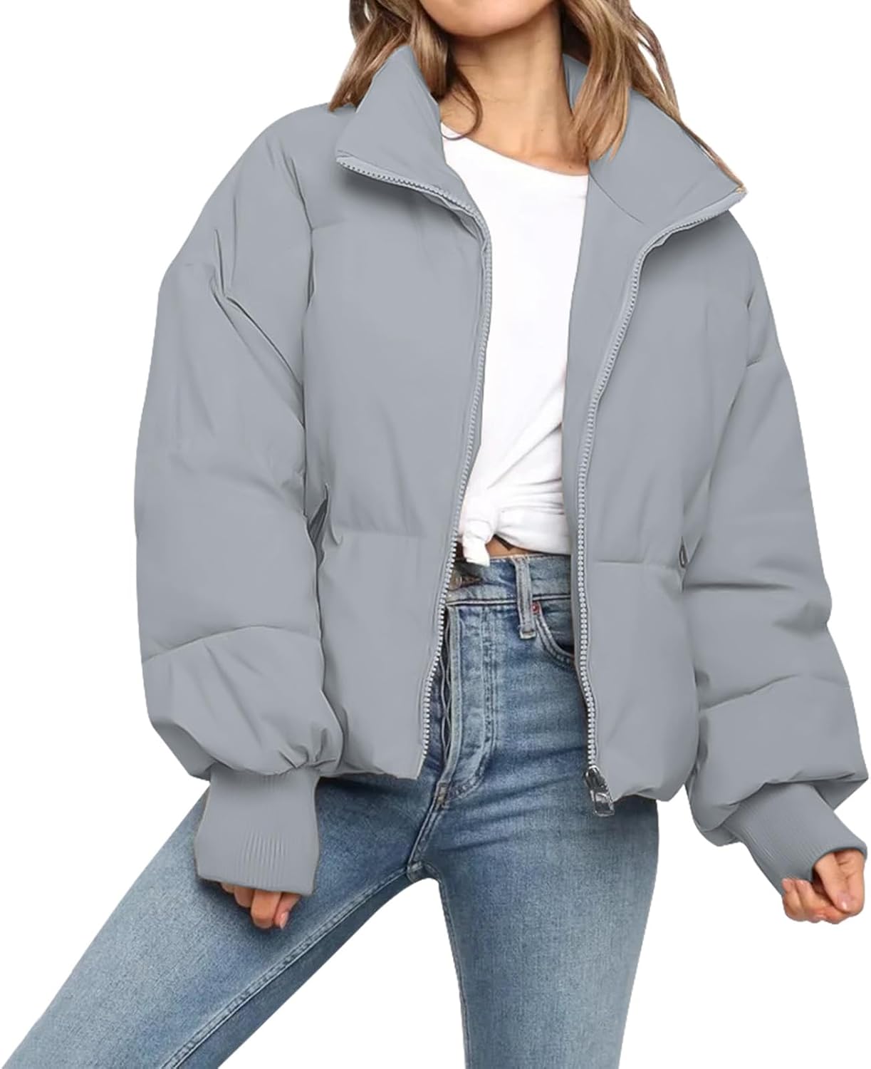 61afRyeQlDL._AC_SL1500_.jpg Women’s Winter Cropped Puffer Jacket Coat Casual Quilted Baggy Long Sleeve Zip Down Jackets Outerwear - 图片 1