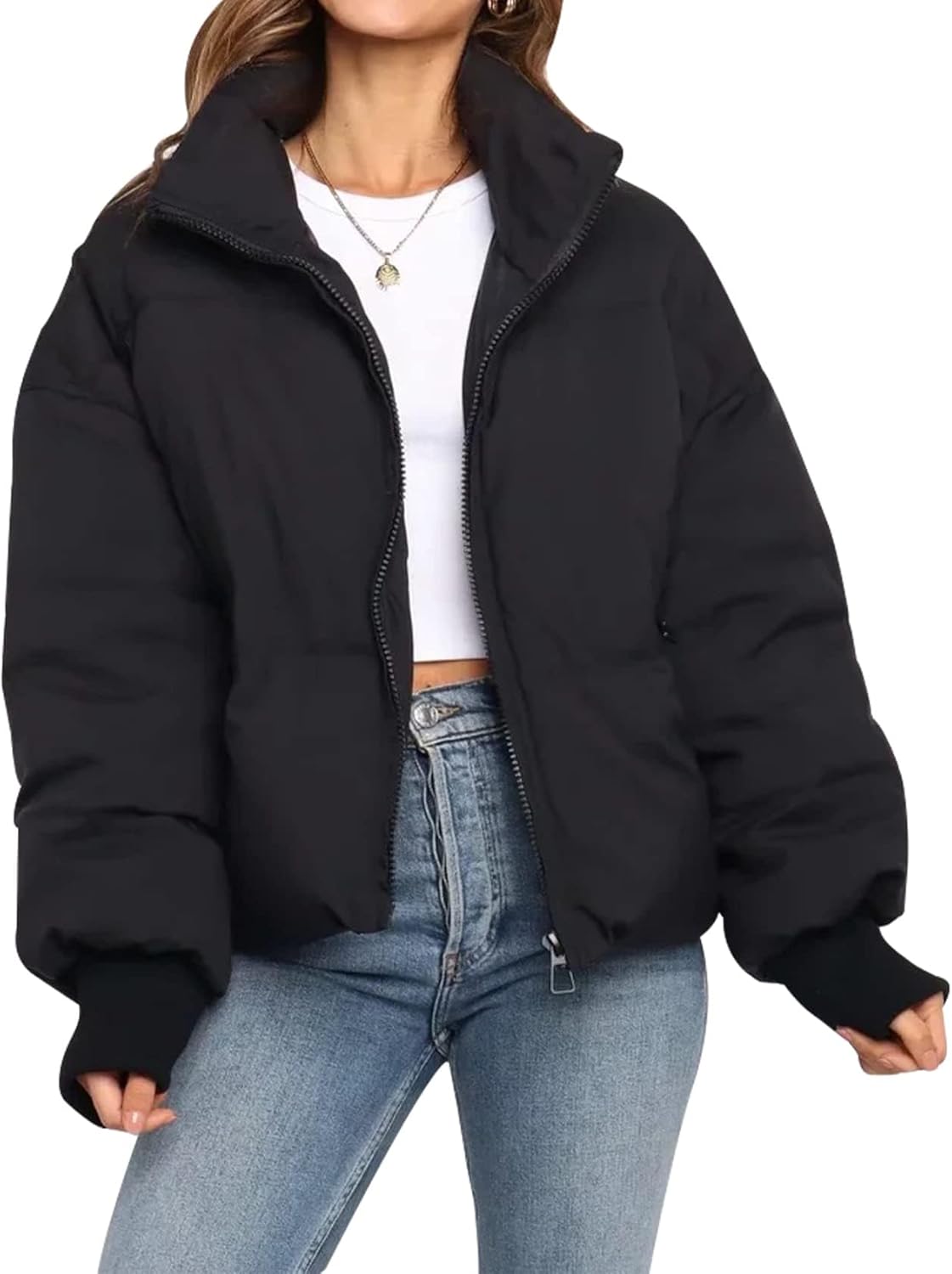61jdMXjuSHL._AC_SL1500_.jpg Winter Cropped Puffer Jacket Coats for Women Short Warm Quilted Jackets with Pockets - 图片 1