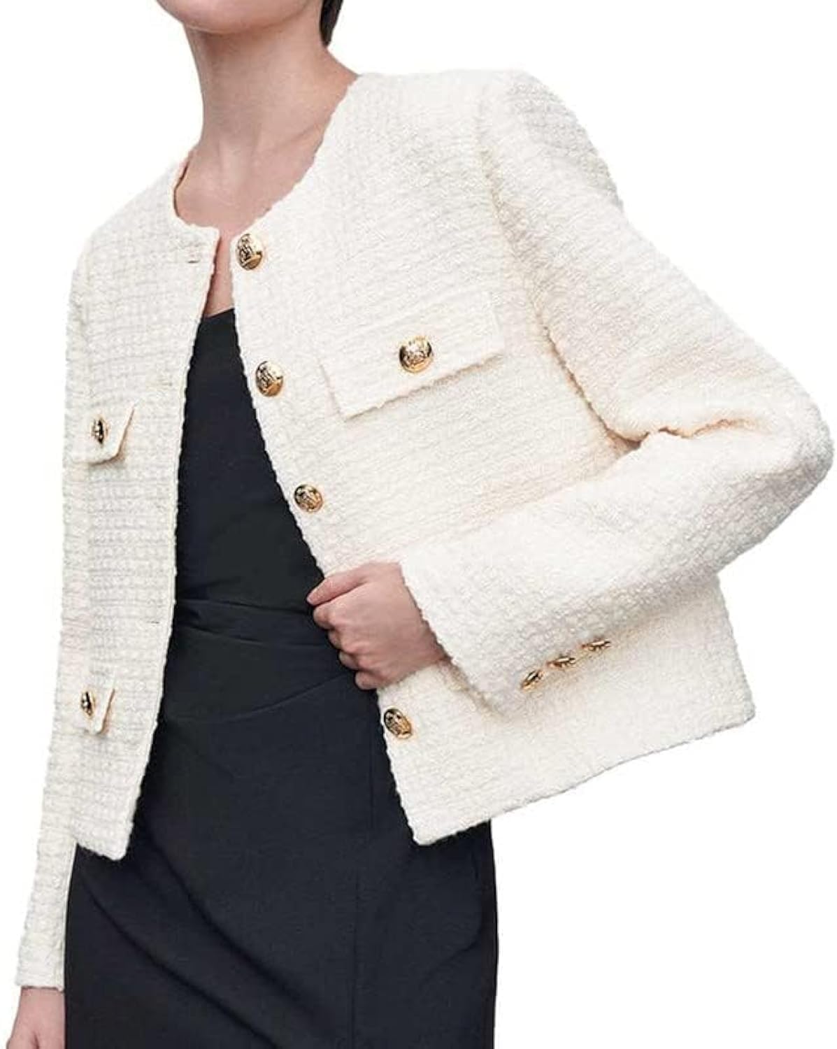 61teSUd-L._AC_SL1500_.jpg Womens Cropped Tweed Blazer Jackets Fall Winter Casual Business Work Suits Long Sve Coat Outfits - 图片 1