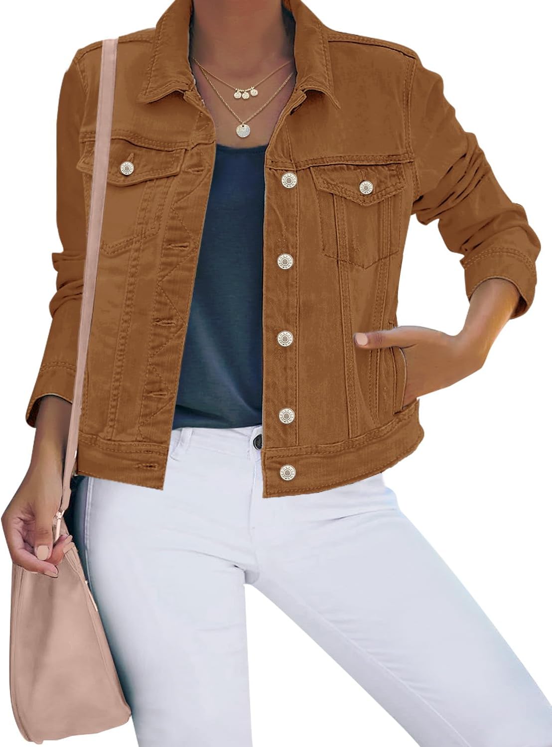 61ttBTPYrpL._AC_SL1500_.jpg Women's Basic Button Down Stretch Fitted Long Sves Denim Jean Jacket - 图片 1