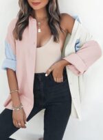 Womens Color Block Button Down Shirts Long Sleeve Oversized Boyfriend Blouses Tops - 图片 2