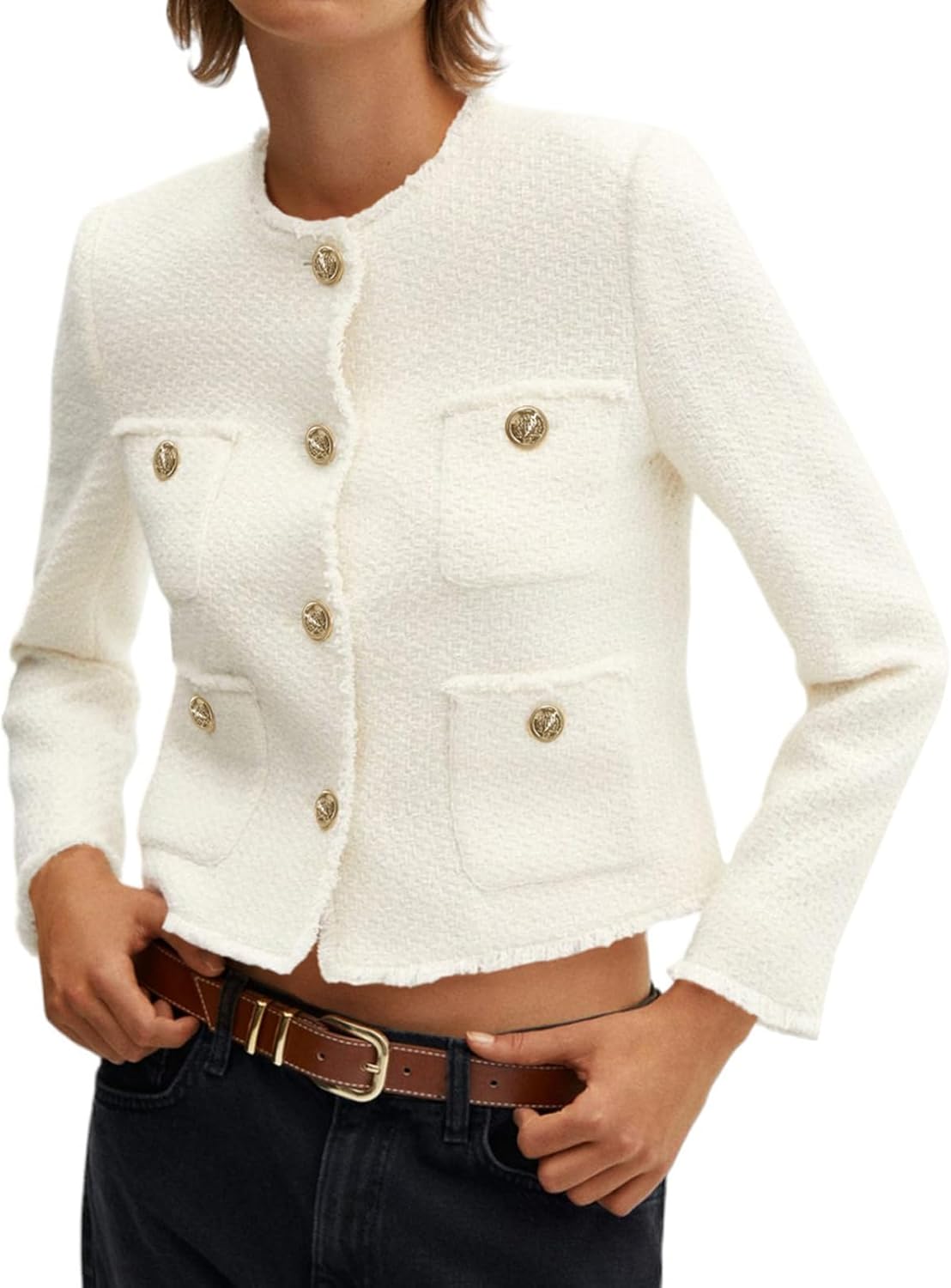 61wkE-wXmqL._AC_SL1500_.jpg Womens Cropped Tweed Blazer Collarless Casual Business Suit Jacket Fall Elegant Outerwear - 图片 1