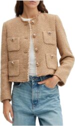 Cropped Tweed Blazer Jackets for Women Elegant Collarless Long Sve Button Down Work Office Blazer Jacket