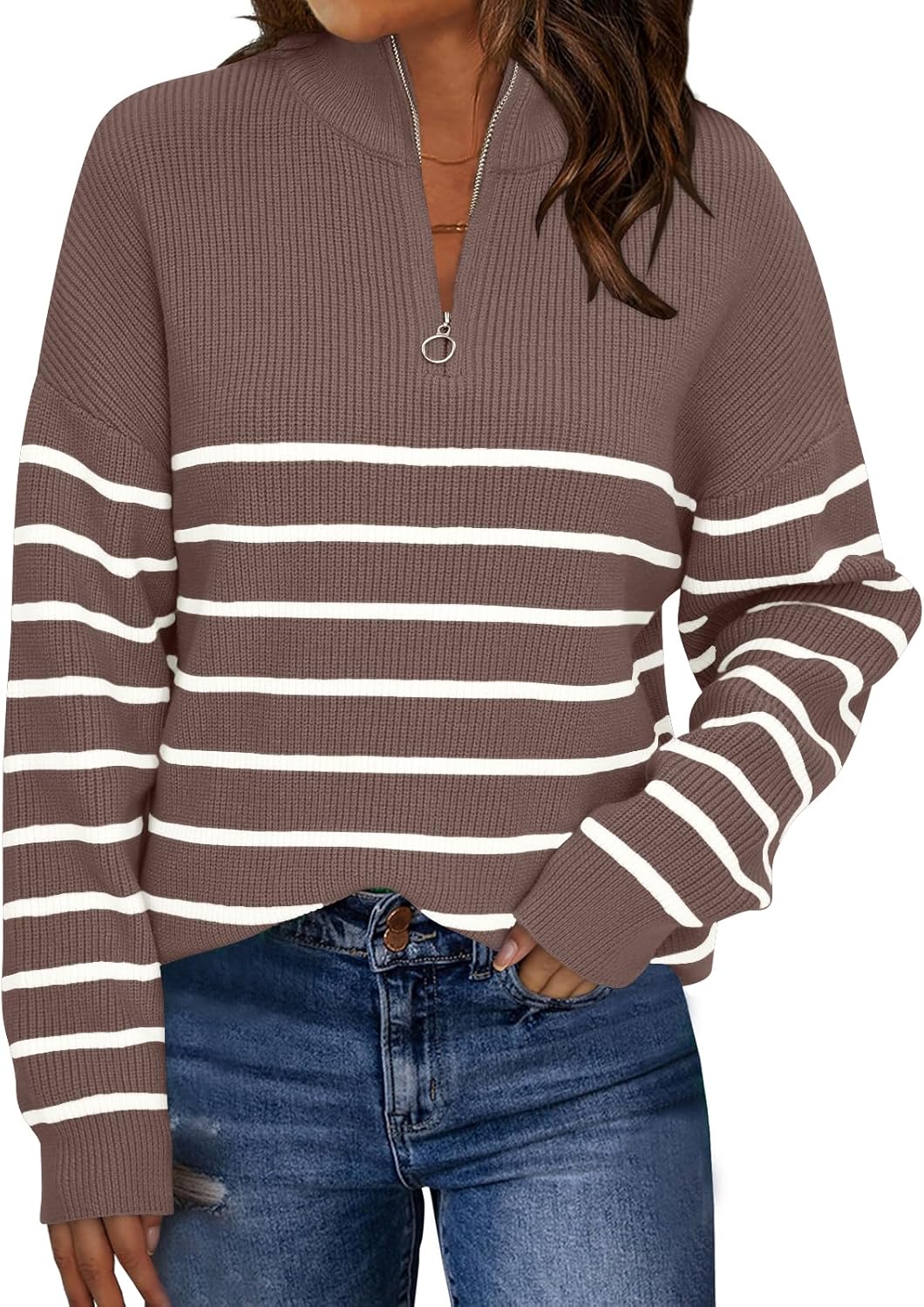 712NliM-7L._AC_SL1500_.jpg Women's Quarter Zip Striped Oversized Sweater Mock Turtleneck Fall Fashion Outfit - 图片 1