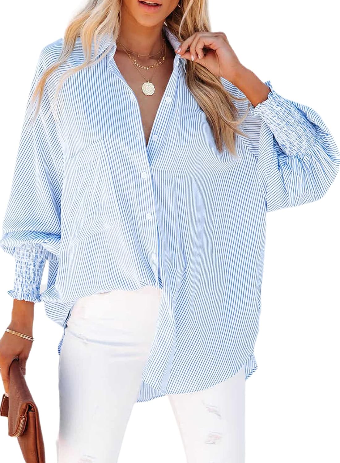 716YzFwexqL._AC_SL1500_.jpg Womens Smocked Cuffed Striped Boyfriend Shirt Casual Collar Long Sleeve Oversized Button Down Blouse Tops with Pocket Shirred - 图片 1