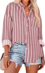 Women Button Down Striped Shirts Drop Shoulder Blouse Long Sleeve Oversized Shirt with Pocket - 图片 2