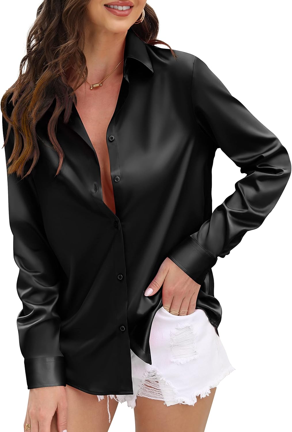 7194AkqZL._AC_SL1500_.jpg Womens Soft Satin Silk Leopard Button Down Shirts for Women Silky Long Sleeve Work Shirt Dress Blouses Tops - 图片 1