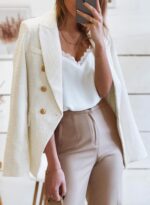 Womens Tweed Blazers Casual Long Sve Double Breasted Open Front Blazer Jackets Work Suits - 图片 2