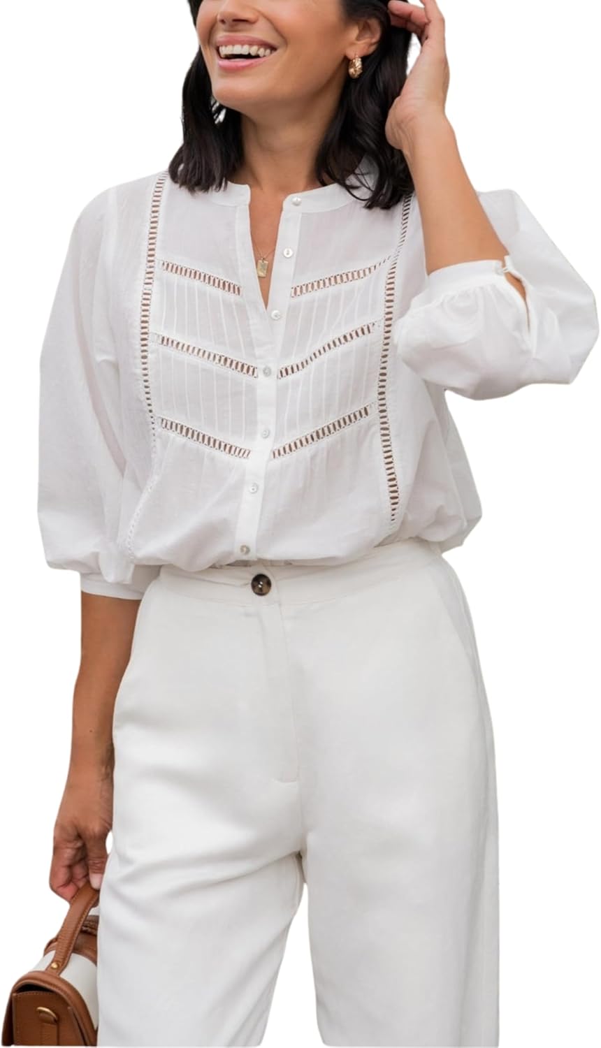 71E0XgpyJqL._AC_SL1500_.jpg Women's Button Down Shirts Lace Blouses Bracelet Sleeves Round Neck Loose Pleated Cotton Tops - 图片 1