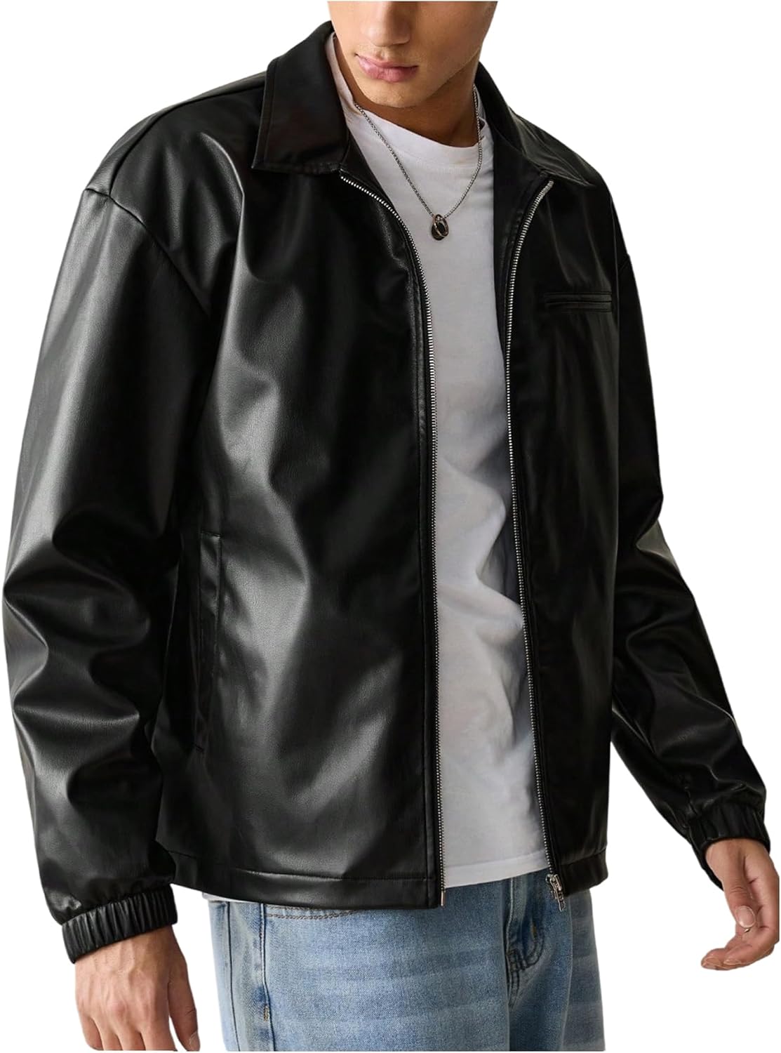 71GAaed9pWL._AC_SL1500_.jpg Men's Faux Leather Jacket Collar Zip Up Motorcycle PU Jackets Lightweight Outerwear Biker Vintage Coat - 图片 1