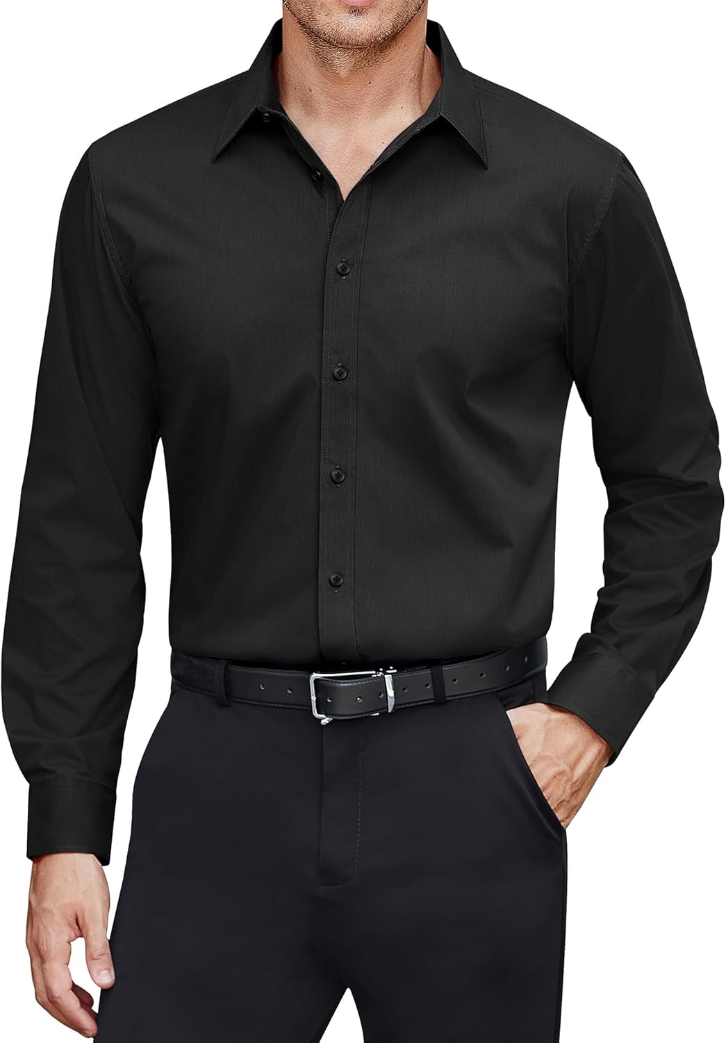 71J00NWFP1L._AC_SL1500_.jpg Men Dress Shirts Stretch Stain Shield Long Sleeve Solid Formal Shirt Business Casual Button Down Shirts - 图片 1