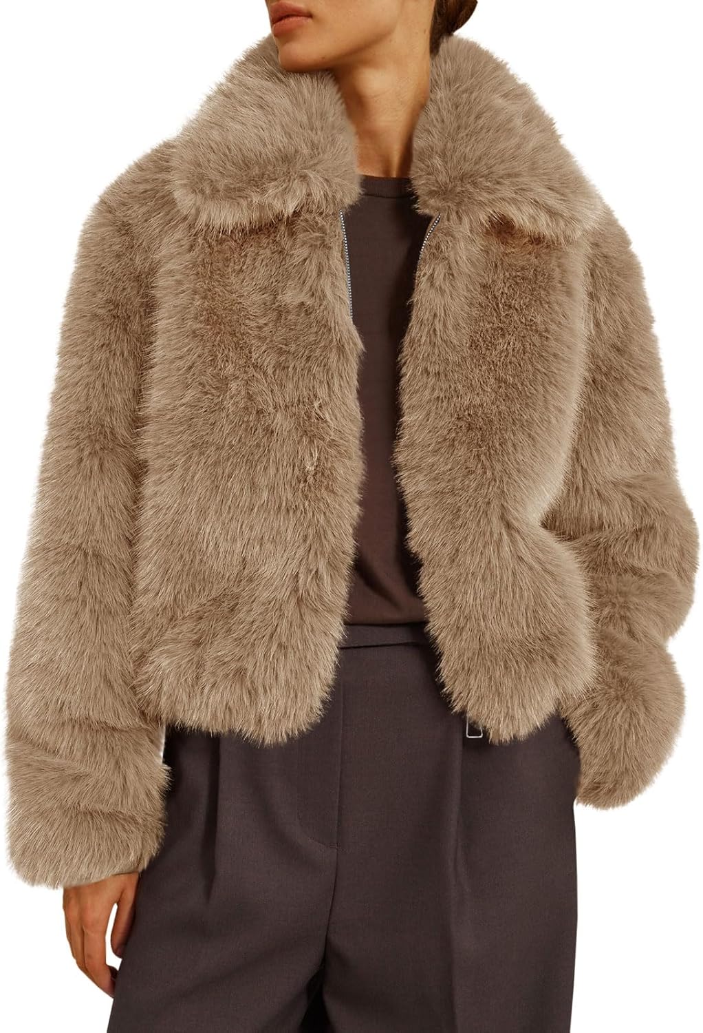 71KzihSTh2L._AC_SL1500_.jpg Womens Cropped Faux Fur Jacket Shaggy Lapel Zip Up Winter Coats Fuzzy Warm Outerwear - 图片 1