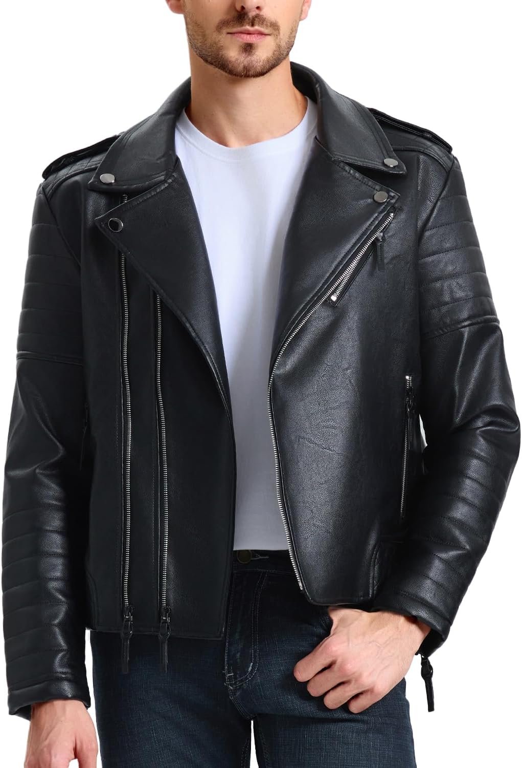 71Lb44dFW0L._AC_SL1500_.jpg Men's Leather Jackets, Faux Bomber Jacket for Men Motorcycle Lapel Asymmetric Zip-Up Slim Fit Biker Coat - 图片 1