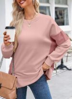 Women's Casual Oversized Sweatshirt Crew Neck Color Block Loose Pullover Tops Side Slit - 图片 2