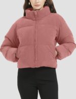 Womens Cropped Corduroy Puffer Jacket Winter Jackets Warm Long Sleeve Zip Quilted Down Puffer coat - 图片 2