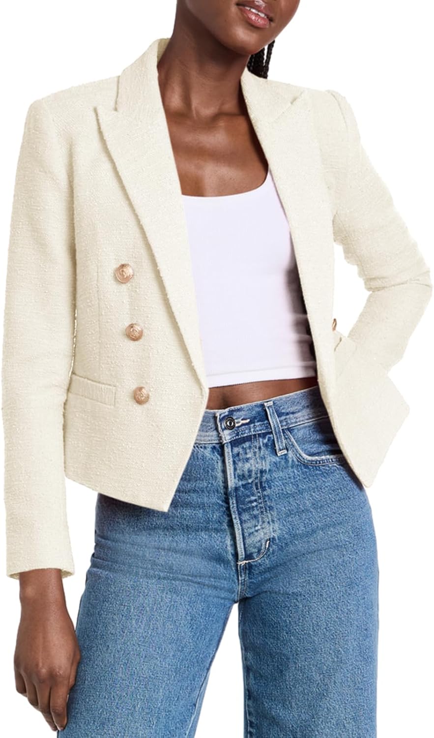 71W42l4FN5L._AC_SL1500_.jpg Women Cropped Tweed Blazer Jackets Lapel Open Front Long Sve Business Suit Jackets with Pocket - 图片 1