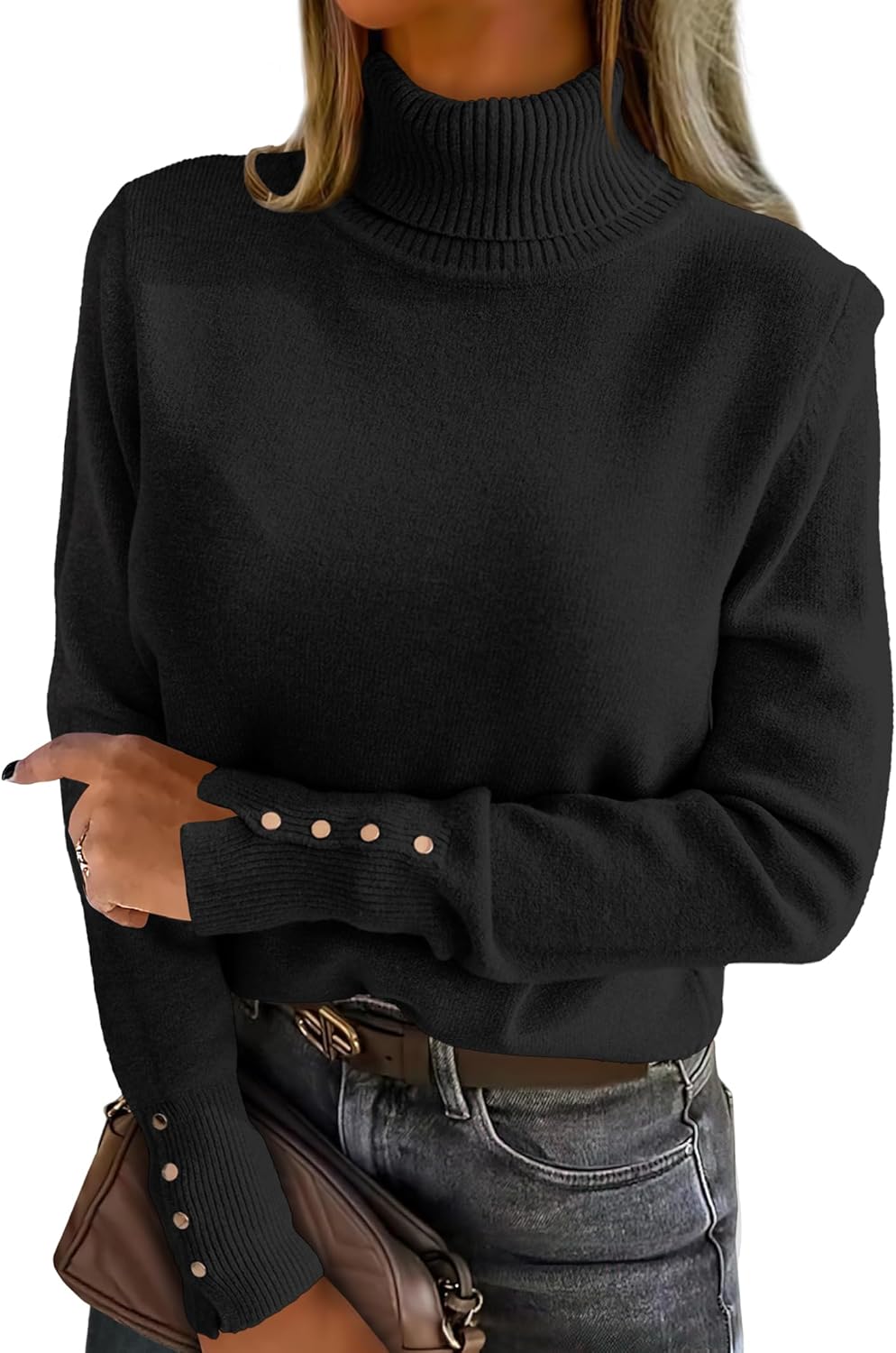 71WBJnPwrLL._AC_SL1500_.jpg Turtleneck Sweaters for Women Long Sleeve Dressy Casual Soft Knitted Button Pullover Tops Fall Winter Clothes - 图片 1