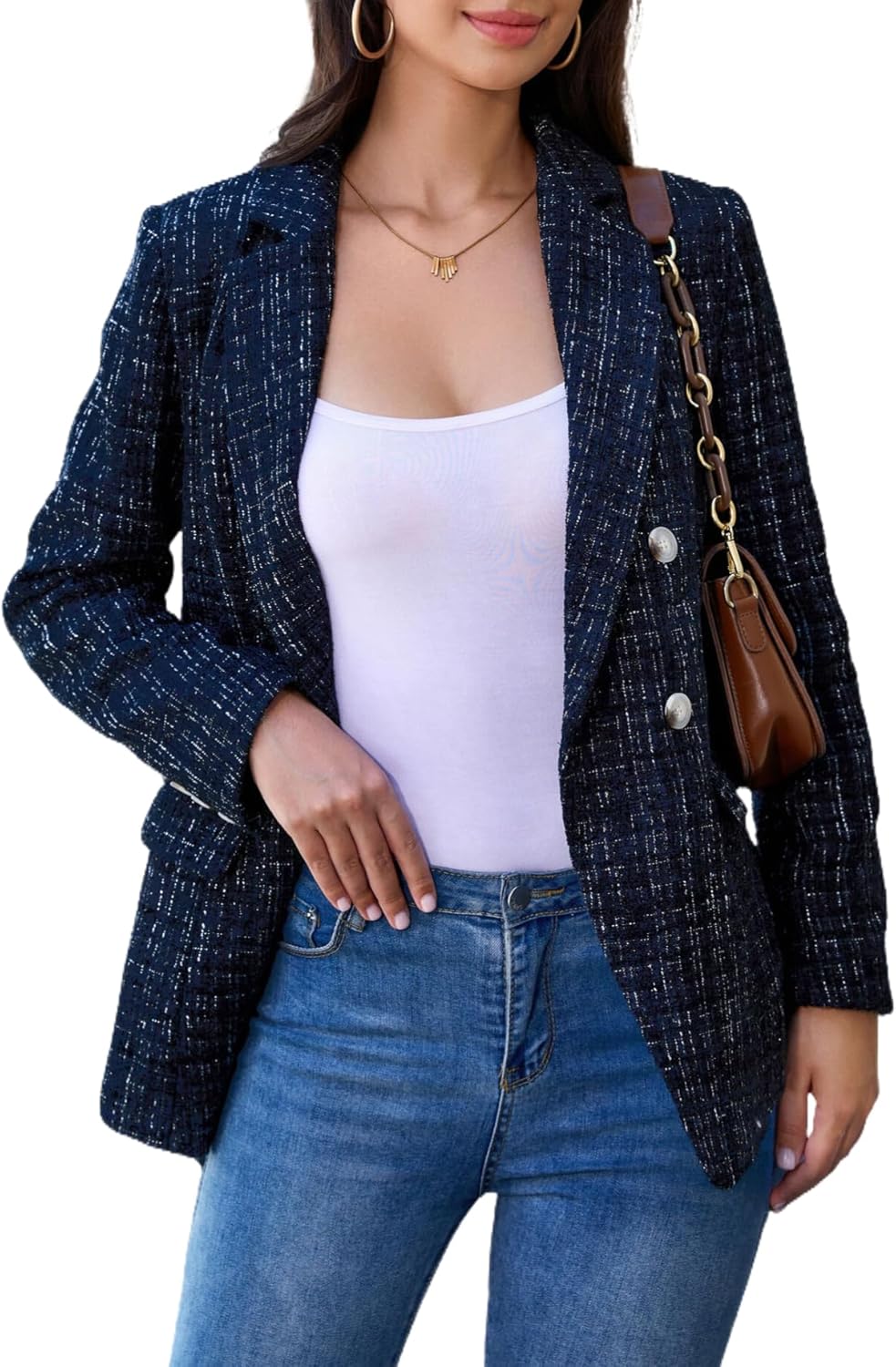 71WOTQHJNdL._AC_SL1500_.jpg Womens Tweed Blazers Casual Jackets Long Sve Oversized Open Front Plaid Blazer Jackets Work Suits with Pockets - 图片 1