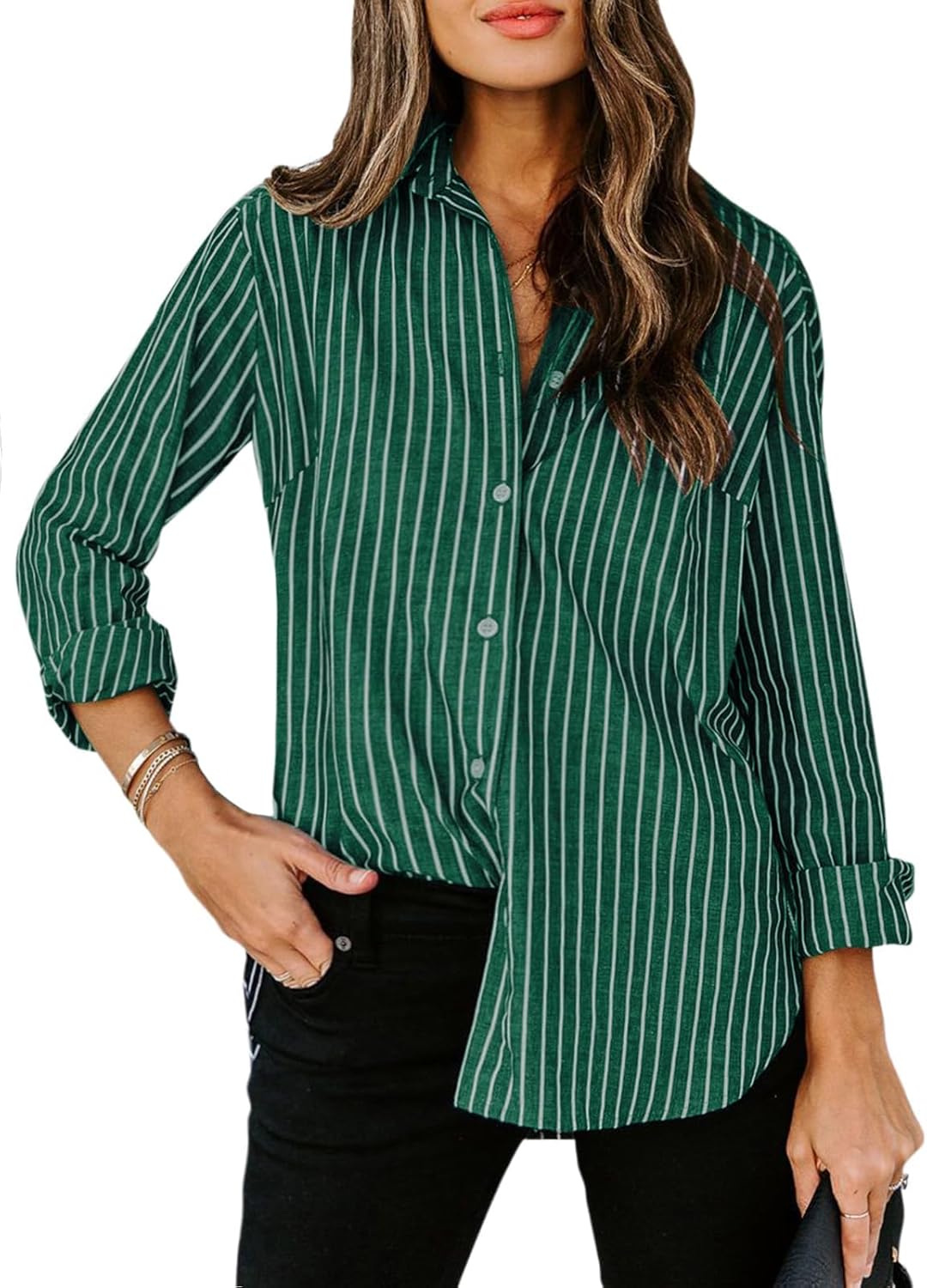 71XiwRykybL._AC_SL1500_.jpg Womens Button Down Shirts Cotton Striped Dress Shirt Long Sleeve Collared Office Work Blouses Tops - 图片 1