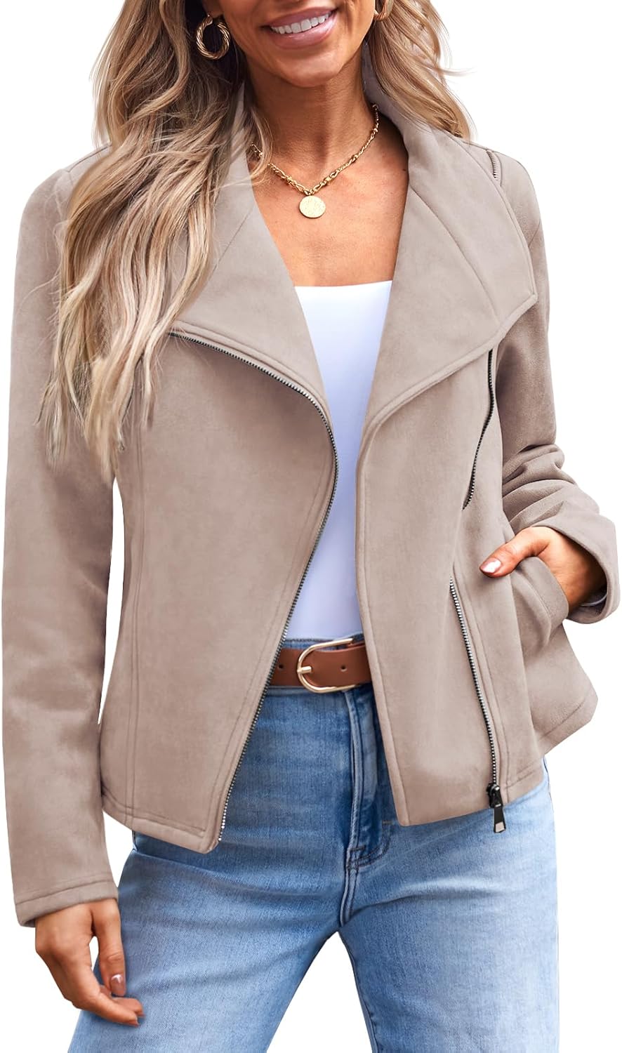 71bBKQUlq0L._AC_SL1500_.jpg Womens Faux Leather Jackets Suede Fall Fashion Outfits Winter Clothes Open Front Cropped Coat Outwear - 图片 1