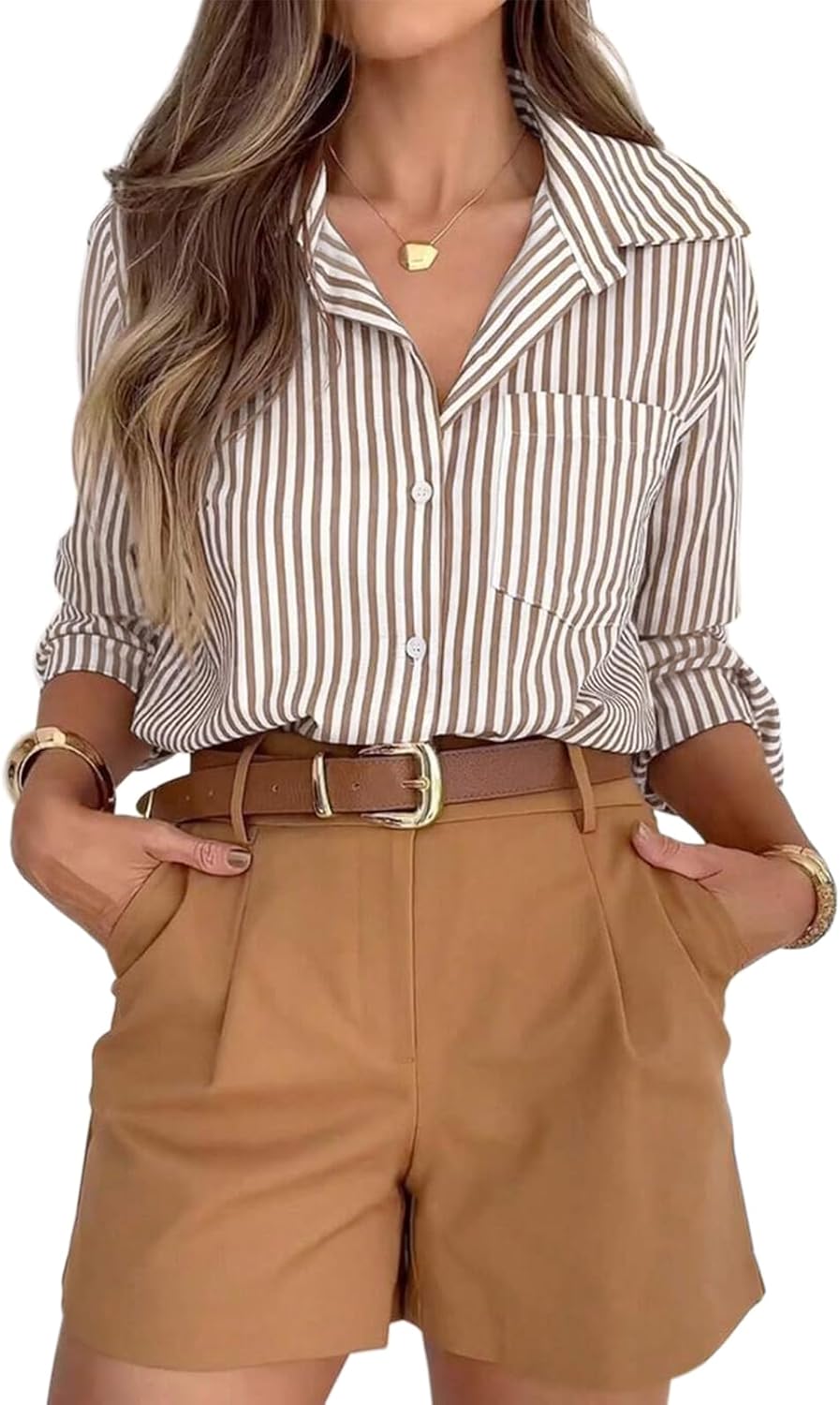 71bHDCc5qZL._AC_SL1500_.jpg Striped Button Down Shirts for Women Dress Shirts Long Sleeve Casual Collared Office Work Shirt with Pocket - 图片 1