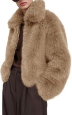 Womens Cropped Faux Fur Jacket Shaggy Lapel Zip Up Winter Coats Fuzzy Warm Outerwear - 图片 2