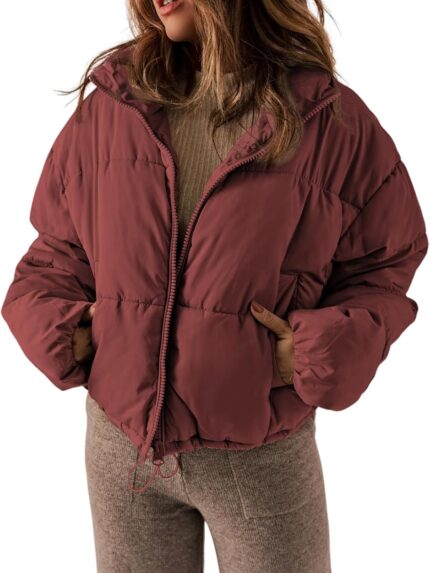 Women Winter Quilted Jackets Long Sleeve Full Zip Puffer Jacket Coats with Pockets