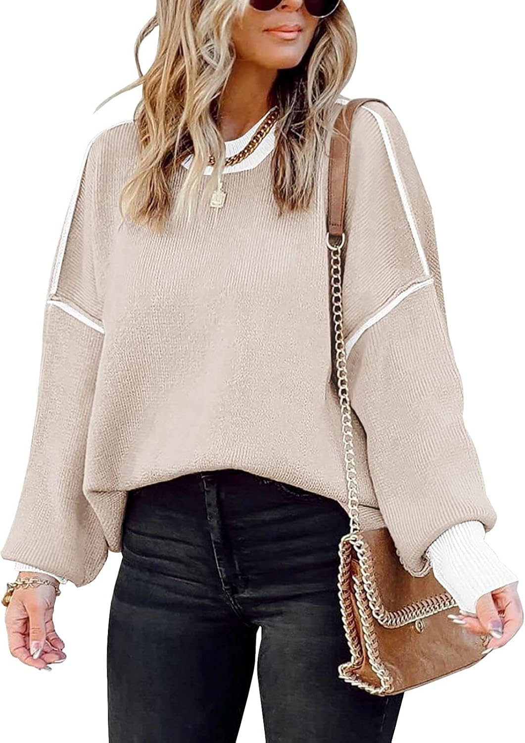 71nhnh2nTPL._AC_SL1500_.jpg Womens Oversized Sweaters Fall Fashion Clothes Trendy Batwing Sleeve Colorblock Striped Knit Pullover Tops - 图片 1