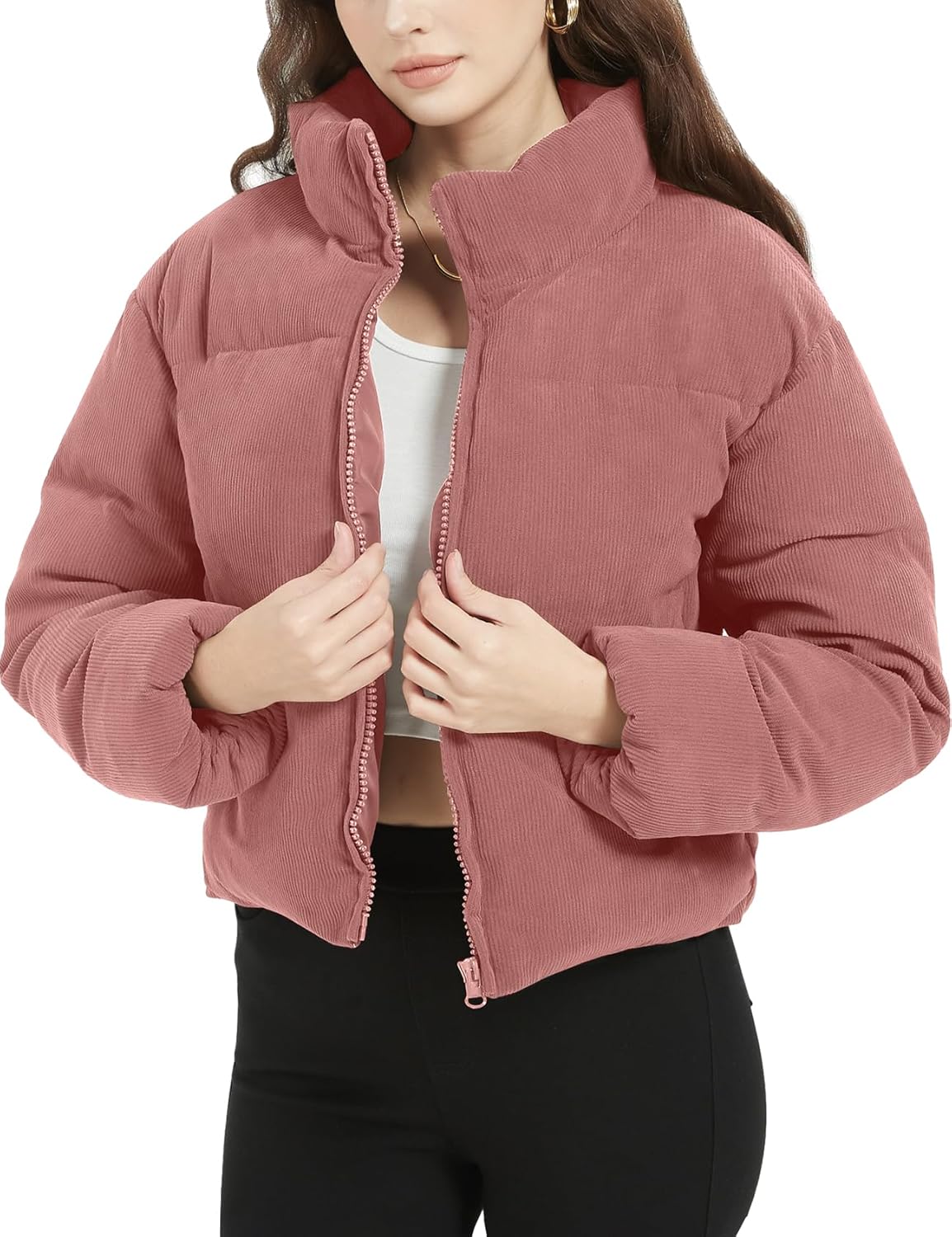 71nksmUmWtL._AC_SL1500_.jpg Womens Cropped Corduroy Puffer Jacket Winter Jackets Warm Long Sleeve Zip Quilted Down Puffer coat - 图片 1
