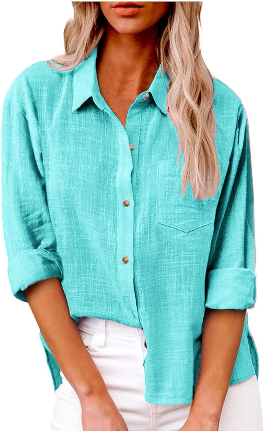 71qAUBGhh5L._AC_SL1500_.jpg Button Down Shirts for Women Gauze Cotton Long Sleeve Shirt Collared Plus Size Blouses Summer Linen Tops Clothing - 图片 1