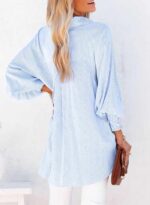 Womens Smocked Cuffed Striped Boyfriend Shirt Casual Collar Long Sleeve Oversized Button Down Blouse Tops with Pocket Shirred - 图片 2