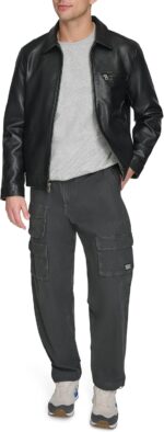 Men's Faux Leather Laydown Collar Racer Jacket - 图片 2
