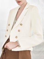 Women Cropped Tweed Blazer Jackets Lapel Open Front Long Sve Business Suit Jackets with Pocket - 图片 2