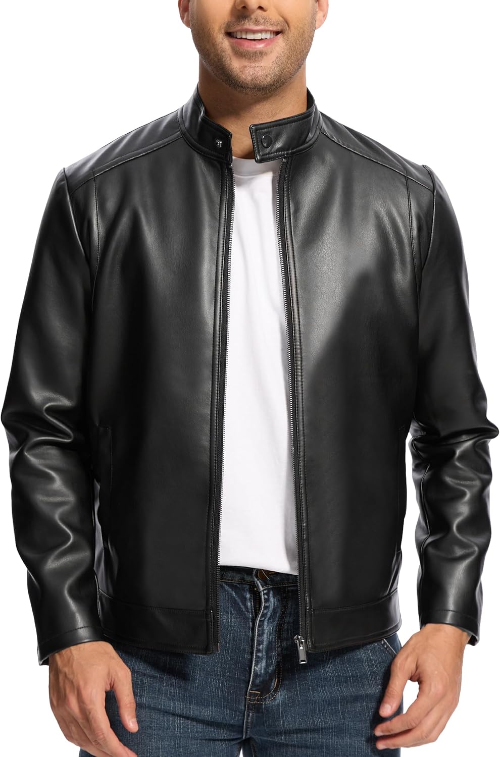 816F9SgWCL._AC_SL1500_.jpg Leather Jacket Men Lightweight Motorcycle Jackets Men's Stand Collar Bomber Coat with Pockets and Zip - 图片 1