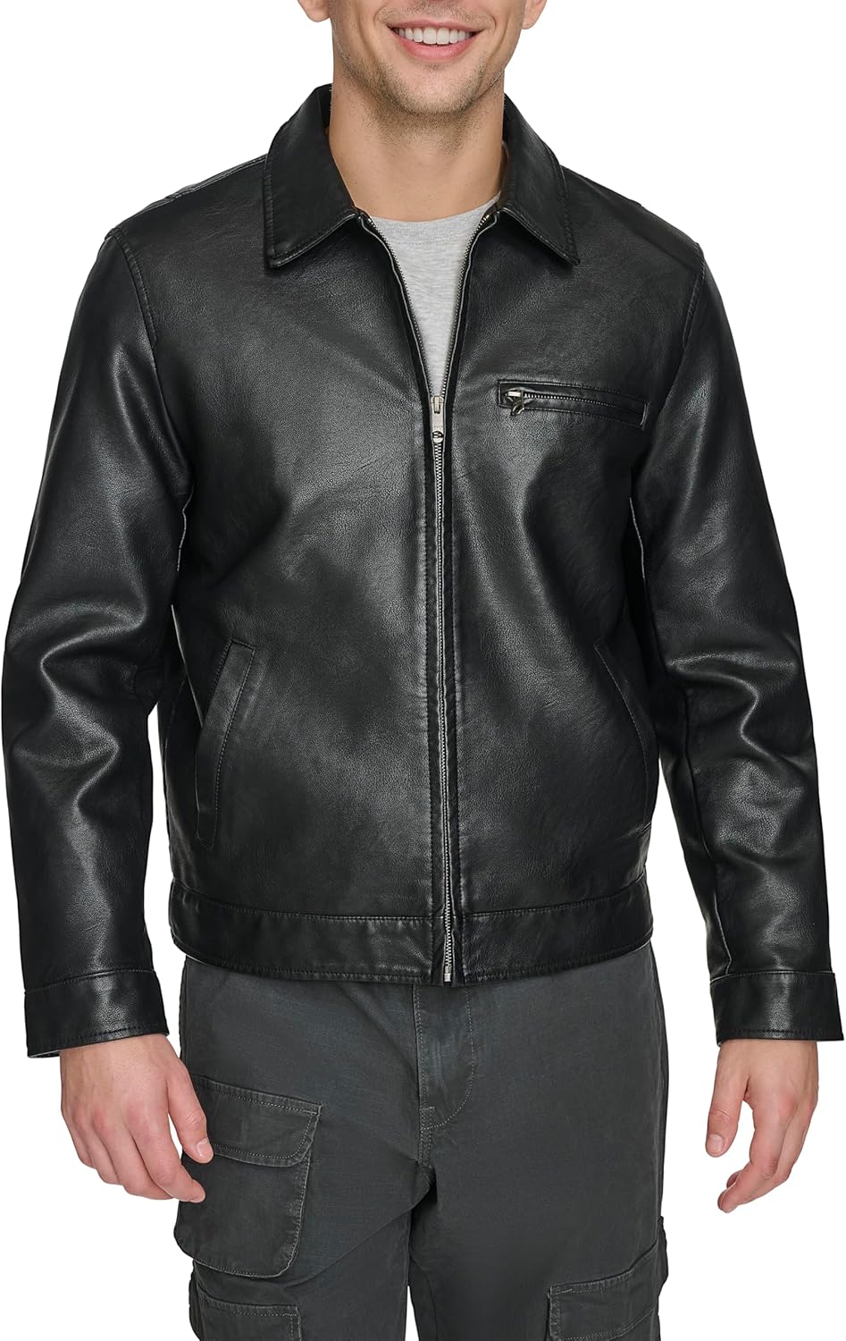 81D34ACtIL._AC_SL1500_.jpg Men's Faux Leather Laydown Collar Racer Jacket - 图片 1
