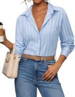 Button Down Shirts for Women Striped Long Sleeve Shirt Collared Office Work Blouses Tops with Pocket - 图片 2