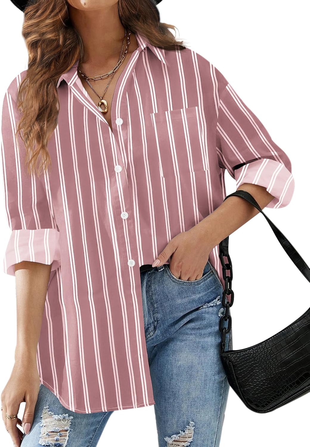 81HMVoIGykL._AC_SL1500_.jpg Women Button Down Striped Shirts Drop Shoulder Blouse Long Sleeve Oversized Shirt with Pocket - 图片 1