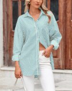 Womens Button Down Shirts Striped Shirt Long Sleeve Casual Collared Office Work Loose Fit Blouses Tops Pocket - 图片 2