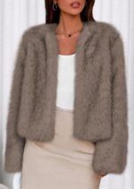 Womens  Winter Coats Fluffy Cropped Faux Fur Jacket Long Sleeve Open Front Shaggy Outerwear Trendy Clothes - 图片 2