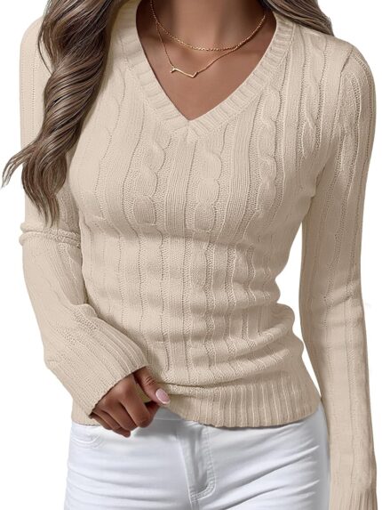 Womens Long Sleeve Cable Knit Sweater  Fall Fashion V Neck Fitted Pullover Top Business Casual Work Fall Outfits