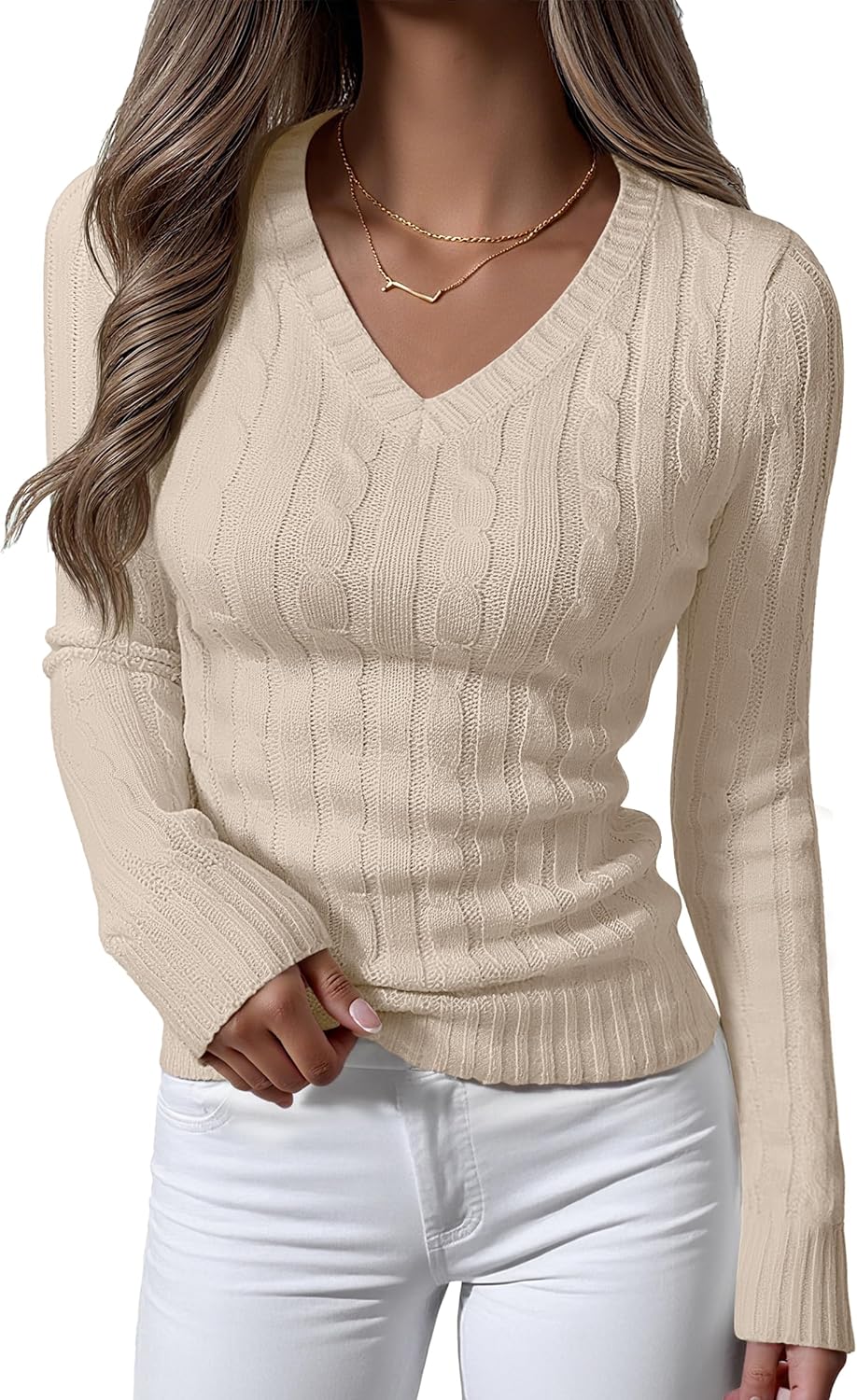 81WEseCNvRL._AC_SL1500_.jpg Womens Long Sleeve Cable Knit Sweater Fall Fashion V Neck Fitted Pullover Top Business Casual Work Fall Outfits - 图片 1