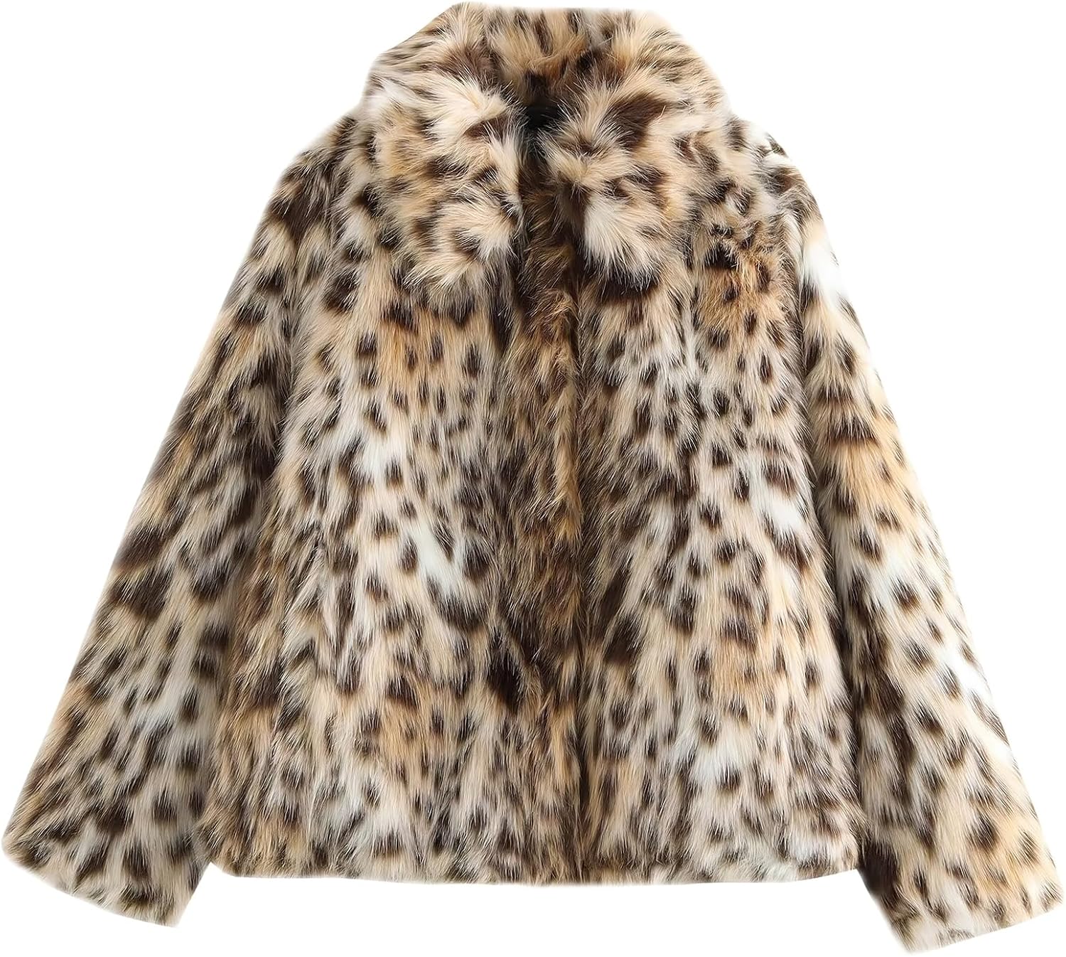81YMo9lWM-L._AC_SL1500_.jpg Women's Faux Fur Crop Jacket Long Sleeve Lapel Winter Warm Fluffly Leopard Pure Color Sherpa Coat - 图片 1