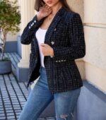 Womens Tweed Blazers Casual Jackets Long Sve Oversized Open Front Plaid Blazer Jackets Work Suits with Pockets - 图片 2