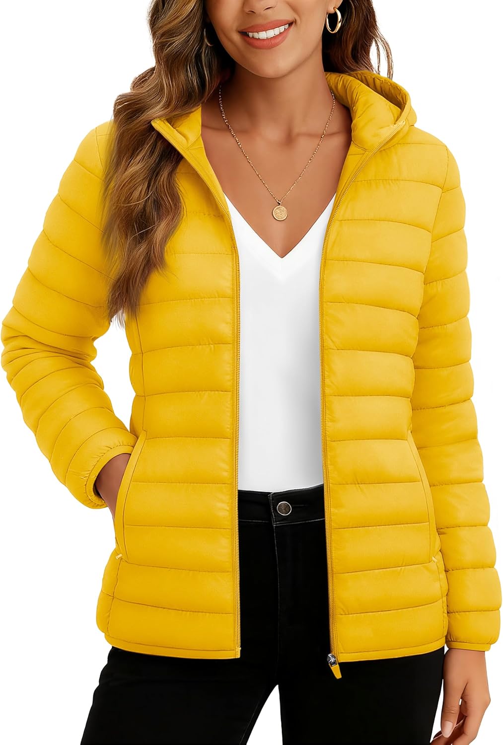 81frC38LhgL._AC_SL1500_.jpg Women's Lightweight Puffer Jacket with Hood Pockets Quilted Padded Full-zip Water-Resistant Winter Coat - 图片 1