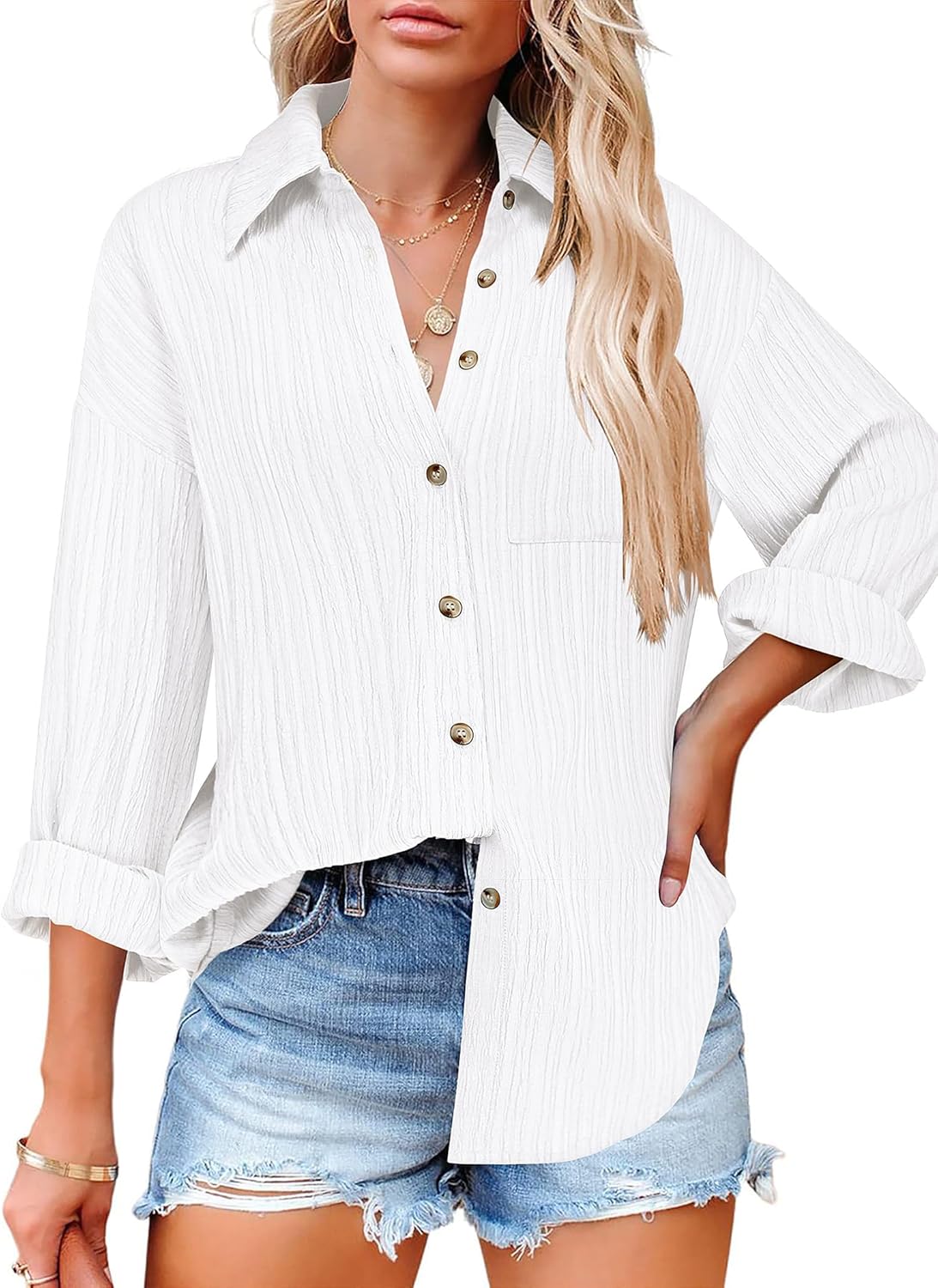 81hyuTwxpOL._AC_SL1500_.jpg Womens Button Down Shirts Casual Long Sleeve Blouses V Neck Dress Shirt Textured Collared Work Tops with Pocket - 图片 1